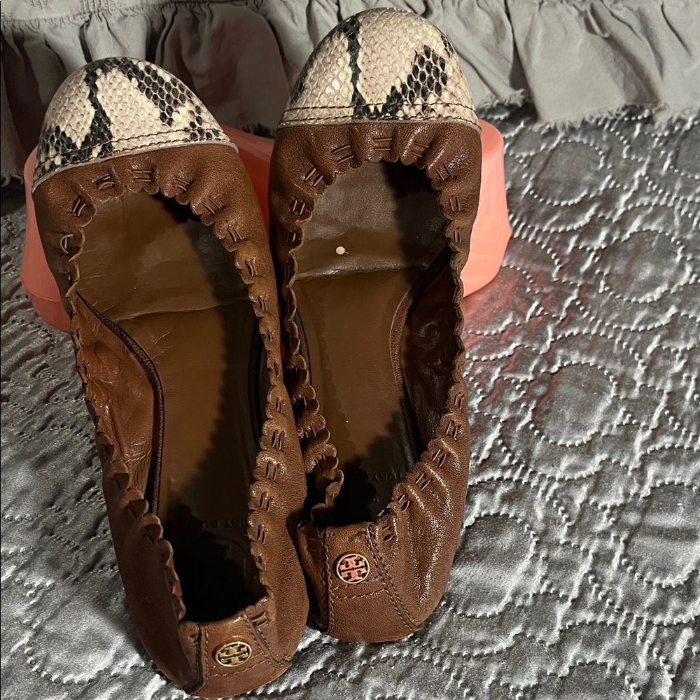 Tory Burch Brown and Snake Print Flats